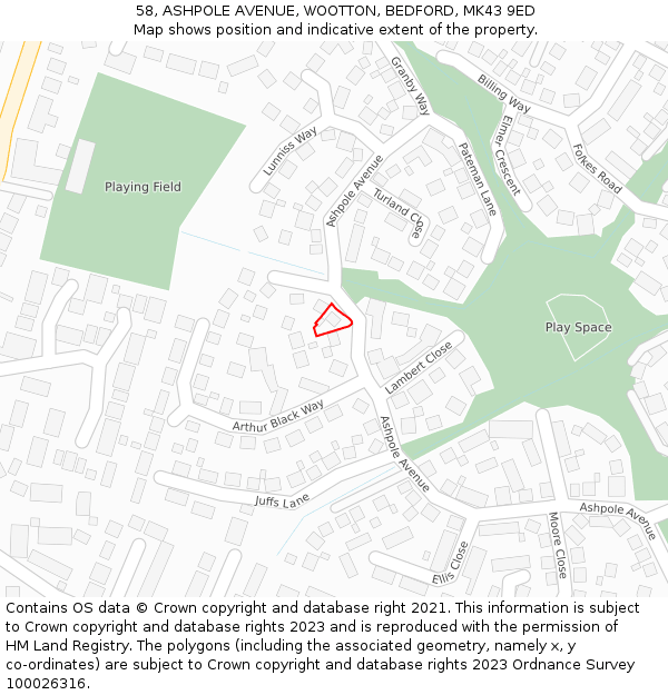 58, ASHPOLE AVENUE, WOOTTON, BEDFORD, MK43 9ED: Location map and indicative extent of plot