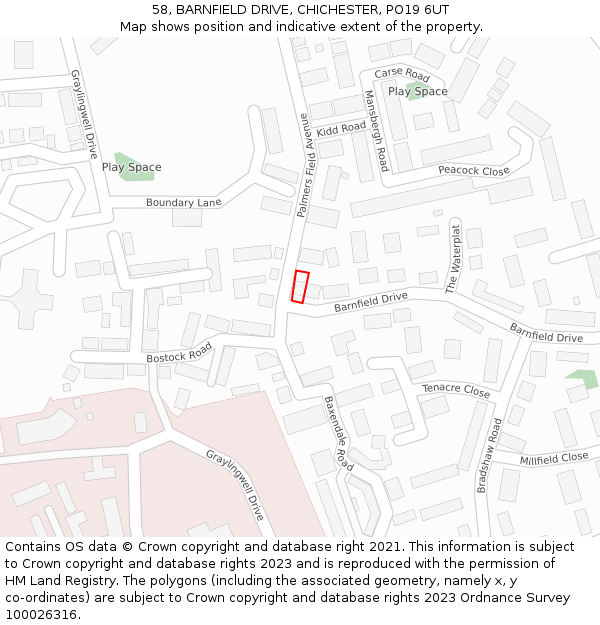 58, BARNFIELD DRIVE, CHICHESTER, PO19 6UT: Location map and indicative extent of plot