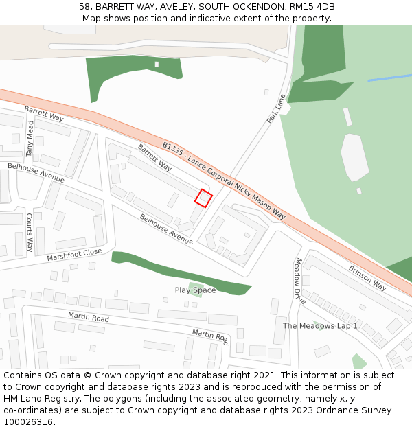 58, BARRETT WAY, AVELEY, SOUTH OCKENDON, RM15 4DB: Location map and indicative extent of plot