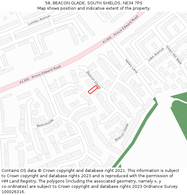 58, BEACON GLADE, SOUTH SHIELDS, NE34 7PS: Location map and indicative extent of plot