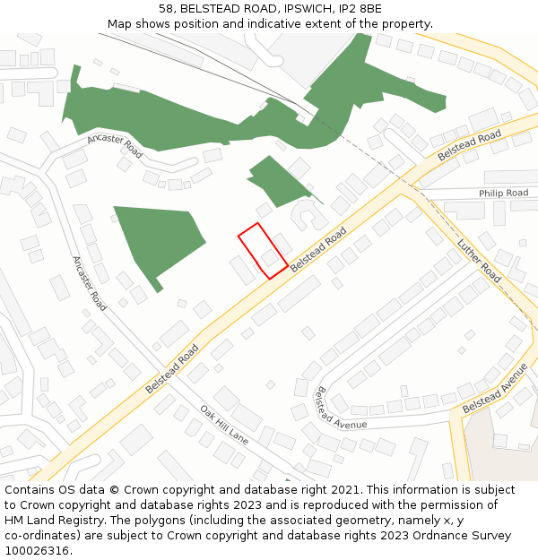 58, BELSTEAD ROAD, IPSWICH, IP2 8BE: Location map and indicative extent of plot