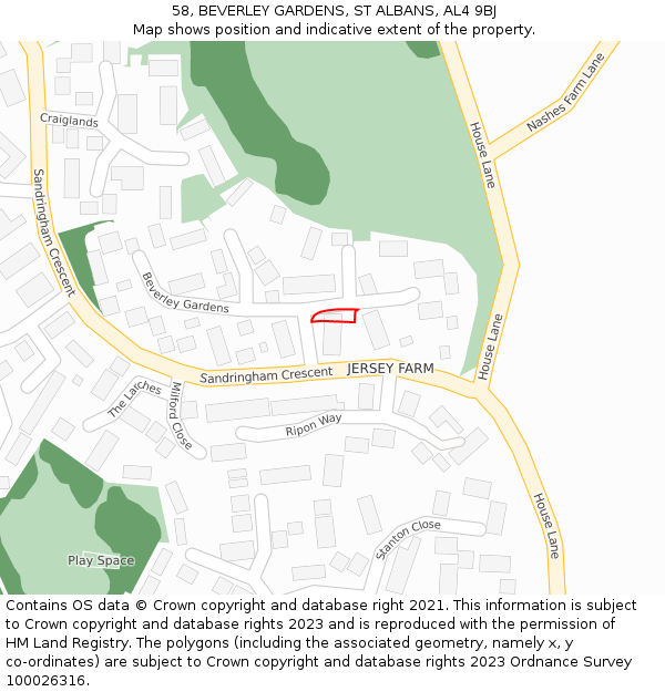 58, BEVERLEY GARDENS, ST ALBANS, AL4 9BJ: Location map and indicative extent of plot