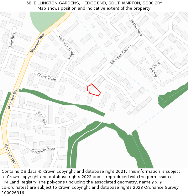 58, BILLINGTON GARDENS, HEDGE END, SOUTHAMPTON, SO30 2RY: Location map and indicative extent of plot