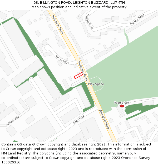 58, BILLINGTON ROAD, LEIGHTON BUZZARD, LU7 4TH: Location map and indicative extent of plot
