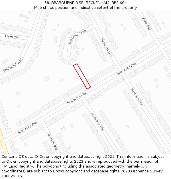 58, BRABOURNE RISE, BECKENHAM, BR3 6SH: Location map and indicative extent of plot