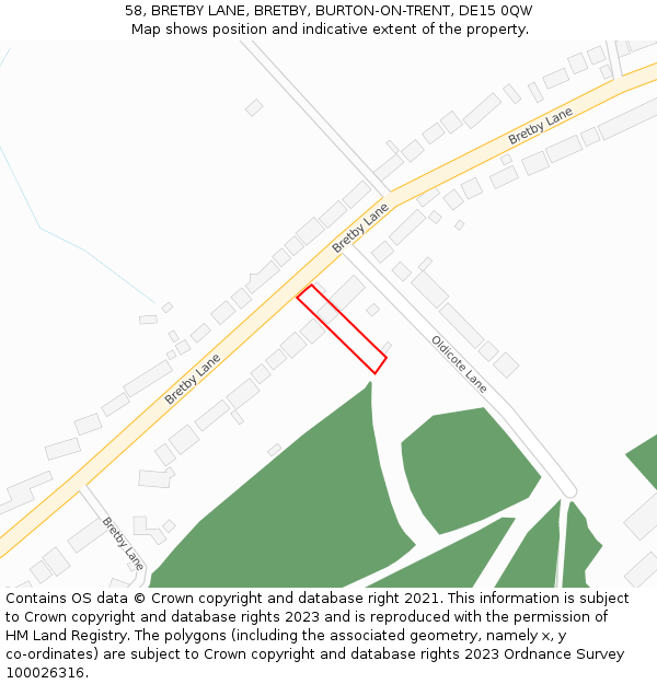 58, BRETBY LANE, BRETBY, BURTON-ON-TRENT, DE15 0QW: Location map and indicative extent of plot