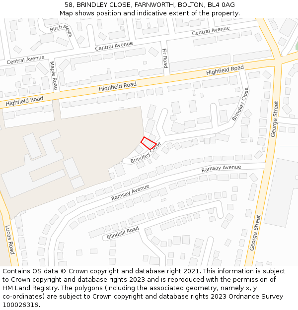 58, BRINDLEY CLOSE, FARNWORTH, BOLTON, BL4 0AG: Location map and indicative extent of plot