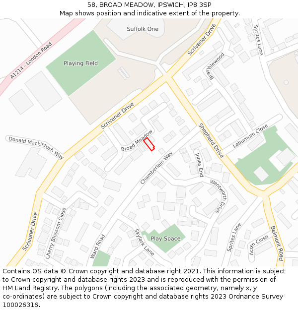 58, BROAD MEADOW, IPSWICH, IP8 3SP: Location map and indicative extent of plot