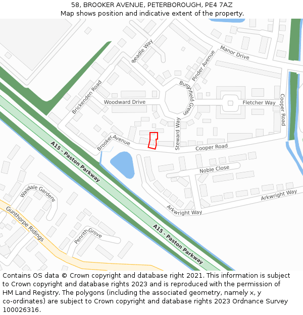 58, BROOKER AVENUE, PETERBOROUGH, PE4 7AZ: Location map and indicative extent of plot