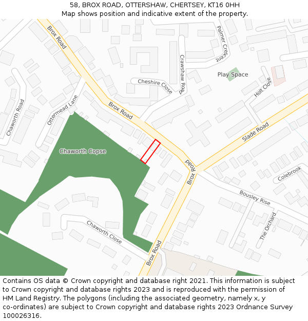 58, BROX ROAD, OTTERSHAW, CHERTSEY, KT16 0HH: Location map and indicative extent of plot