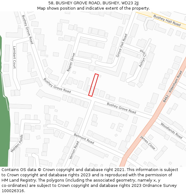 58, BUSHEY GROVE ROAD, BUSHEY, WD23 2JJ: Location map and indicative extent of plot