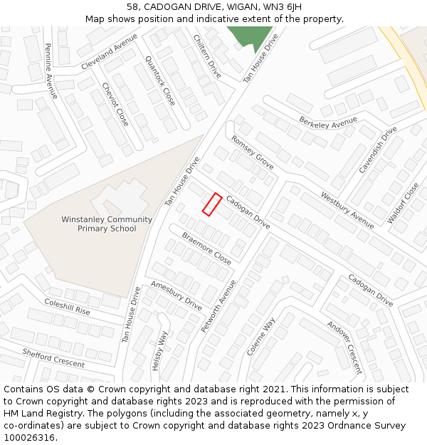 58, CADOGAN DRIVE, WIGAN, WN3 6JH: Location map and indicative extent of plot