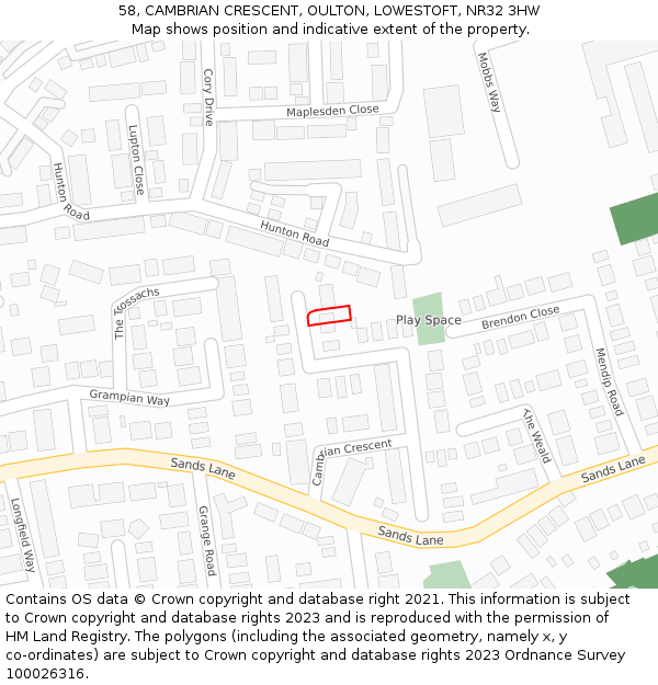58, CAMBRIAN CRESCENT, OULTON, LOWESTOFT, NR32 3HW: Location map and indicative extent of plot
