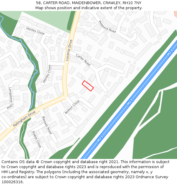 58, CARTER ROAD, MAIDENBOWER, CRAWLEY, RH10 7NY: Location map and indicative extent of plot