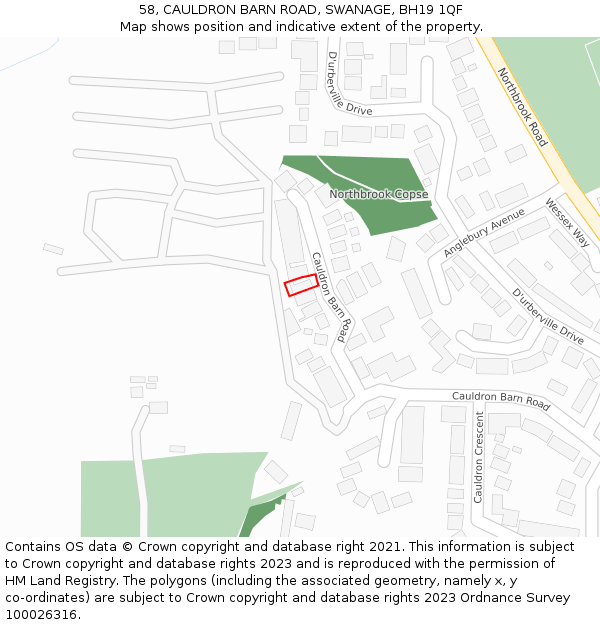 58, CAULDRON BARN ROAD, SWANAGE, BH19 1QF: Location map and indicative extent of plot