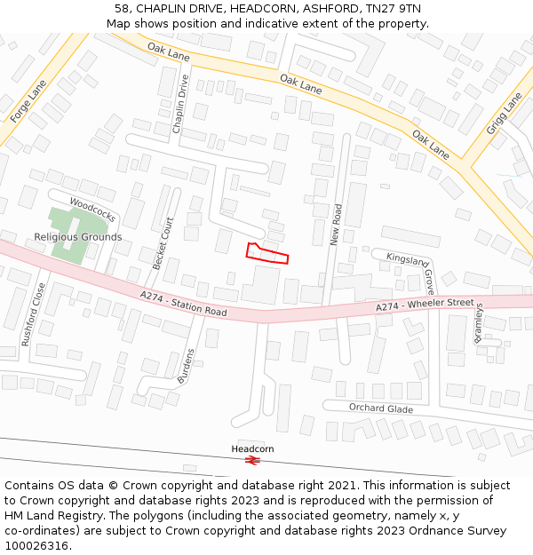 58, CHAPLIN DRIVE, HEADCORN, ASHFORD, TN27 9TN: Location map and indicative extent of plot