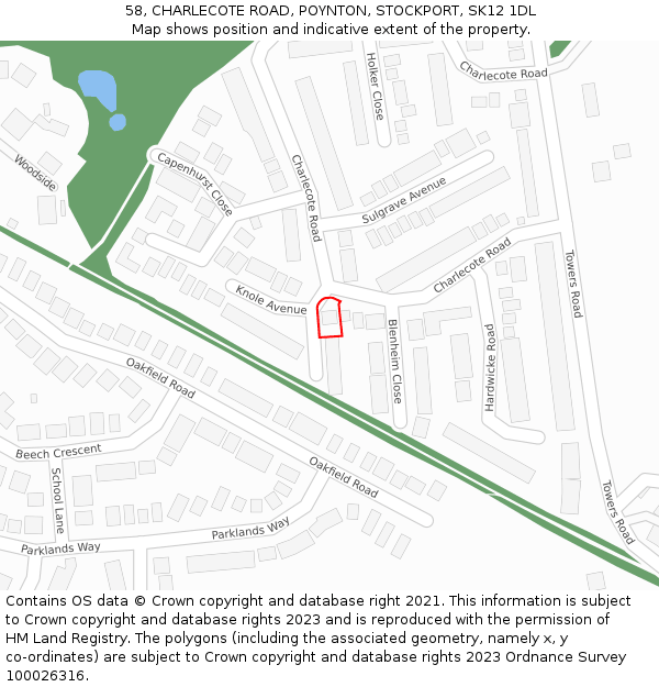 58, CHARLECOTE ROAD, POYNTON, STOCKPORT, SK12 1DL: Location map and indicative extent of plot
