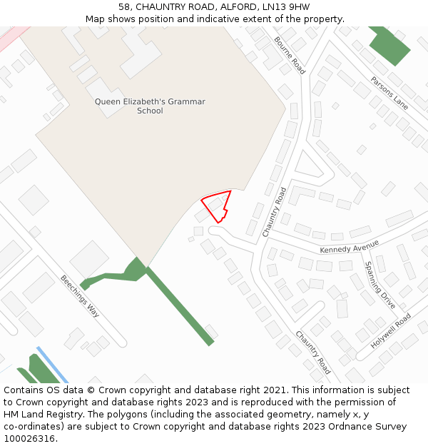 58, CHAUNTRY ROAD, ALFORD, LN13 9HW: Location map and indicative extent of plot