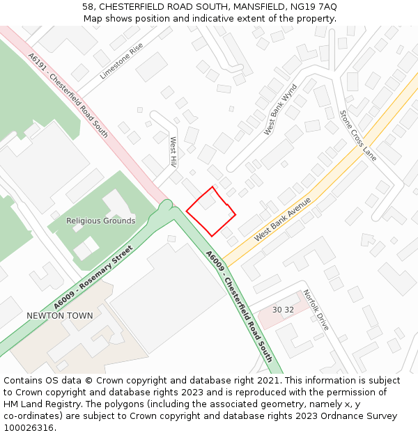 58, CHESTERFIELD ROAD SOUTH, MANSFIELD, NG19 7AQ: Location map and indicative extent of plot