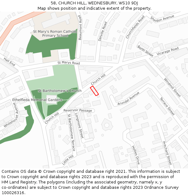 58, CHURCH HILL, WEDNESBURY, WS10 9DJ: Location map and indicative extent of plot