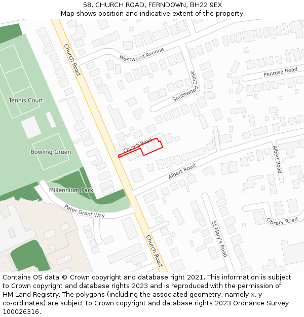 58, CHURCH ROAD, FERNDOWN, BH22 9EX: Location map and indicative extent of plot