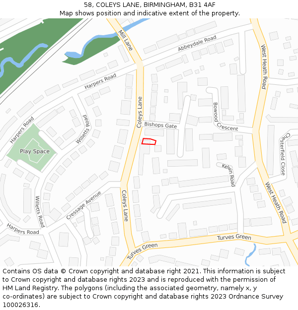 58, COLEYS LANE, BIRMINGHAM, B31 4AF: Location map and indicative extent of plot