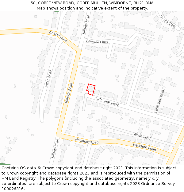 58, CORFE VIEW ROAD, CORFE MULLEN, WIMBORNE, BH21 3NA: Location map and indicative extent of plot