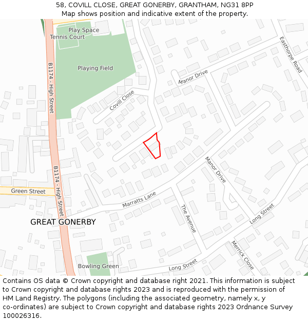 58, COVILL CLOSE, GREAT GONERBY, GRANTHAM, NG31 8PP: Location map and indicative extent of plot