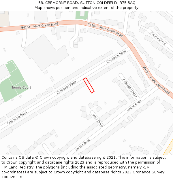 58, CREMORNE ROAD, SUTTON COLDFIELD, B75 5AQ: Location map and indicative extent of plot