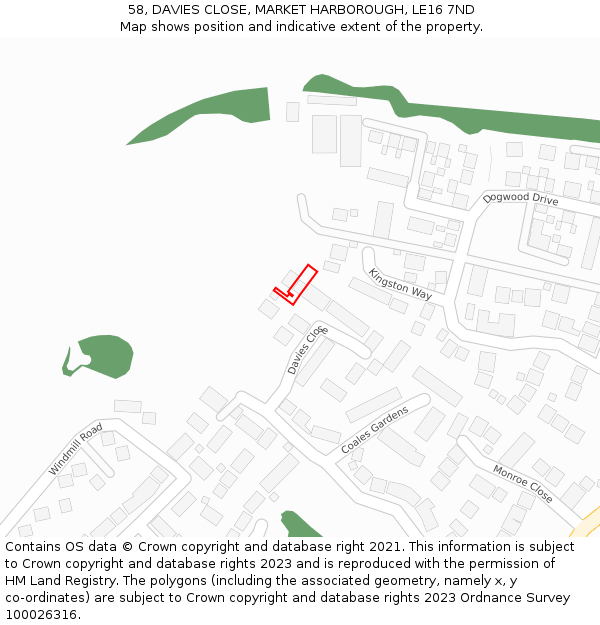 58, DAVIES CLOSE, MARKET HARBOROUGH, LE16 7ND: Location map and indicative extent of plot