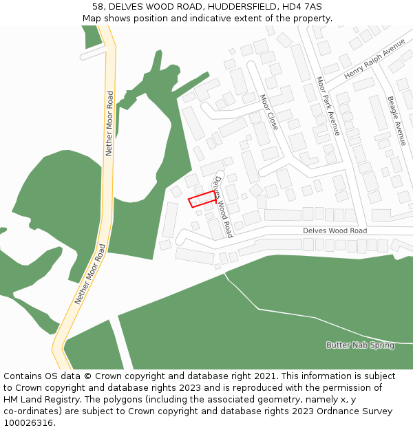 58, DELVES WOOD ROAD, HUDDERSFIELD, HD4 7AS: Location map and indicative extent of plot