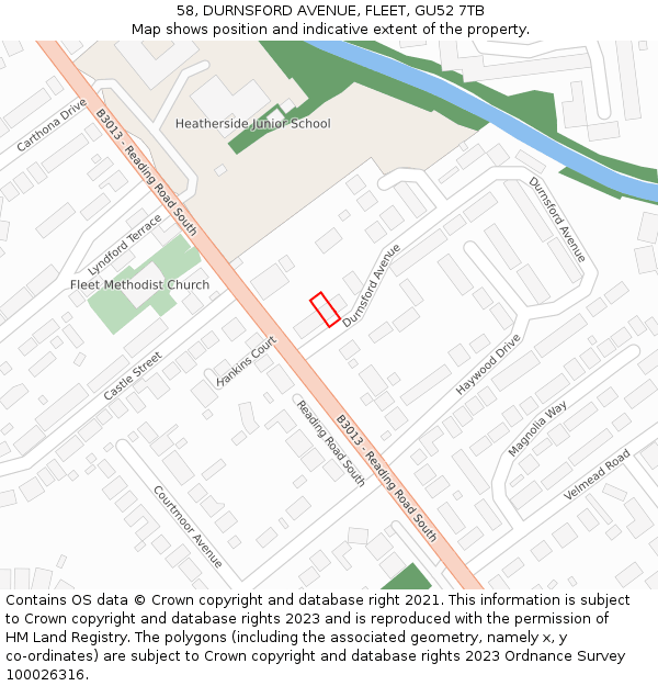 58, DURNSFORD AVENUE, FLEET, GU52 7TB: Location map and indicative extent of plot