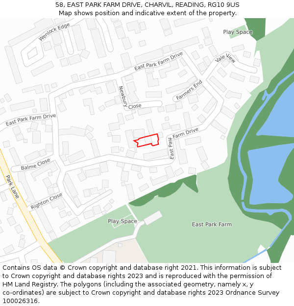 58, EAST PARK FARM DRIVE, CHARVIL, READING, RG10 9US: Location map and indicative extent of plot