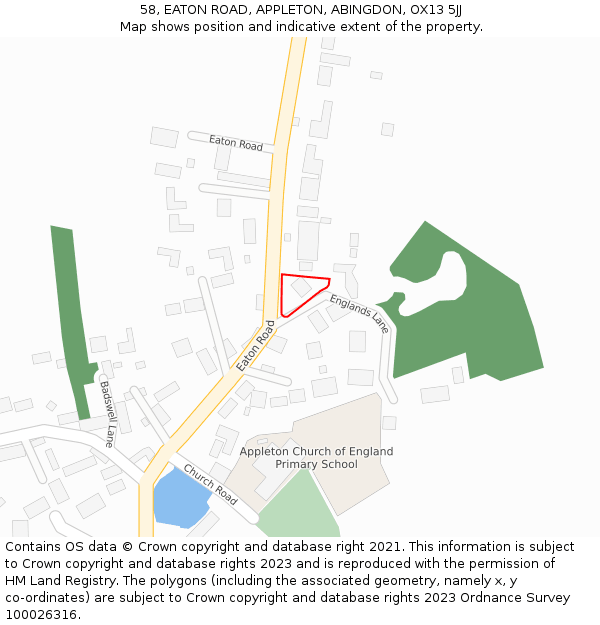 58, EATON ROAD, APPLETON, ABINGDON, OX13 5JJ: Location map and indicative extent of plot