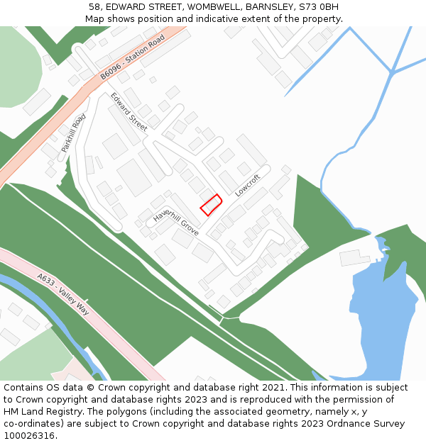 58, EDWARD STREET, WOMBWELL, BARNSLEY, S73 0BH: Location map and indicative extent of plot