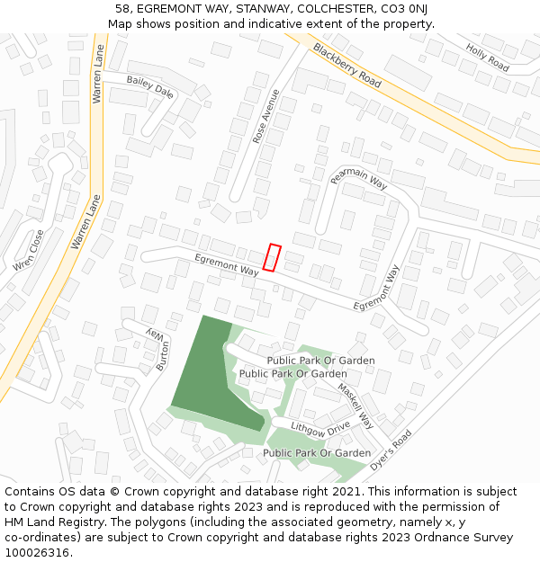58, EGREMONT WAY, STANWAY, COLCHESTER, CO3 0NJ: Location map and indicative extent of plot