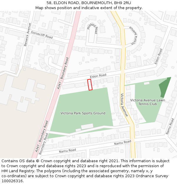 58, ELDON ROAD, BOURNEMOUTH, BH9 2RU: Location map and indicative extent of plot