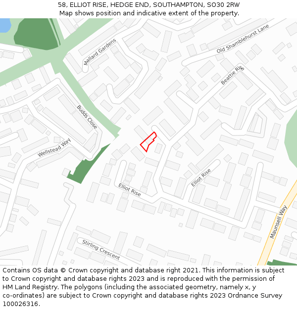 58, ELLIOT RISE, HEDGE END, SOUTHAMPTON, SO30 2RW: Location map and indicative extent of plot