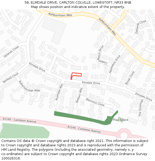 58, ELMDALE DRIVE, CARLTON COLVILLE, LOWESTOFT, NR33 8NB: Location map and indicative extent of plot