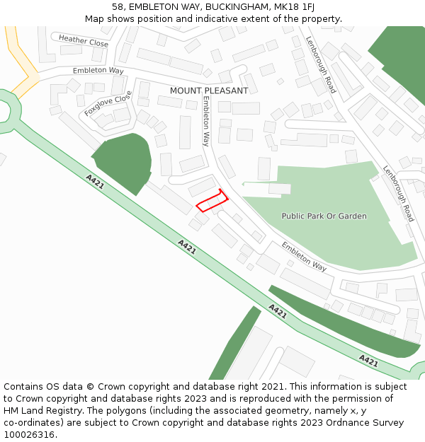 58, EMBLETON WAY, BUCKINGHAM, MK18 1FJ: Location map and indicative extent of plot