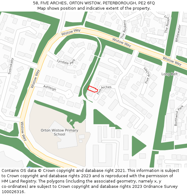 58, FIVE ARCHES, ORTON WISTOW, PETERBOROUGH, PE2 6FQ: Location map and indicative extent of plot