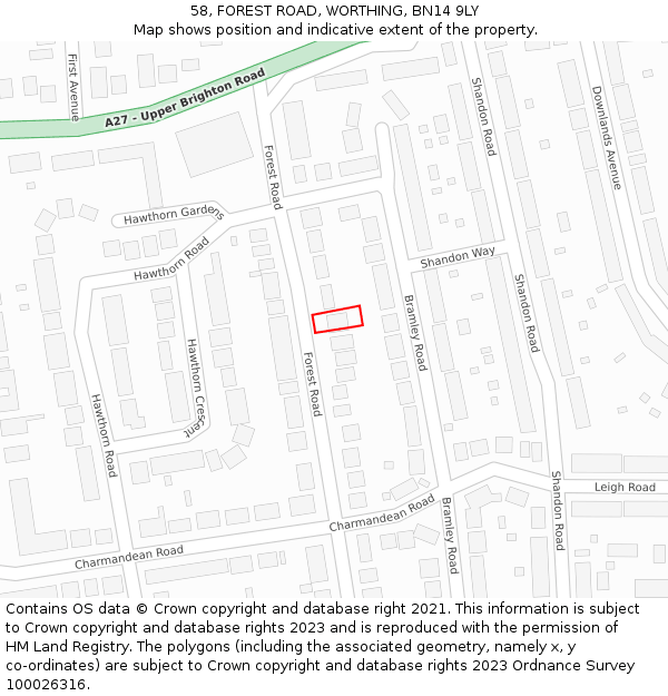 58, FOREST ROAD, WORTHING, BN14 9LY: Location map and indicative extent of plot