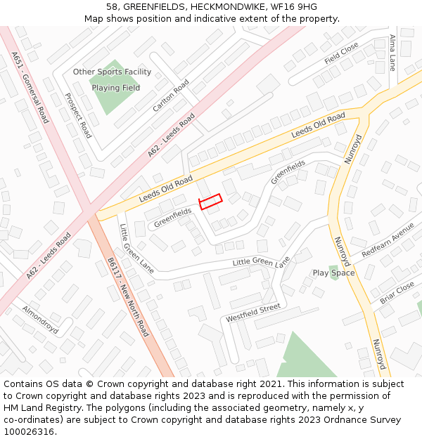 58, GREENFIELDS, HECKMONDWIKE, WF16 9HG: Location map and indicative extent of plot