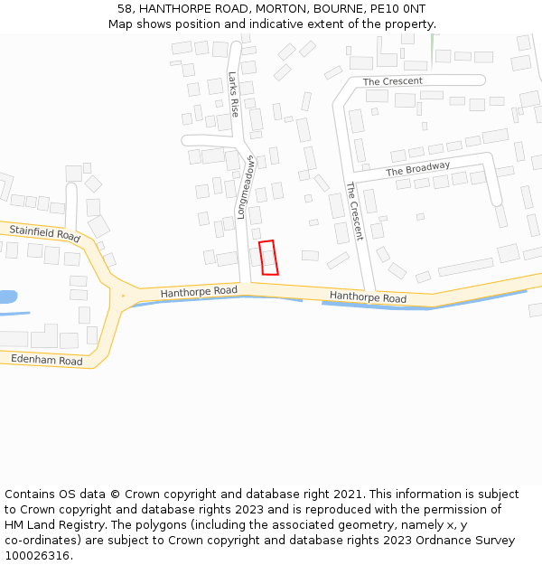58, HANTHORPE ROAD, MORTON, BOURNE, PE10 0NT: Location map and indicative extent of plot