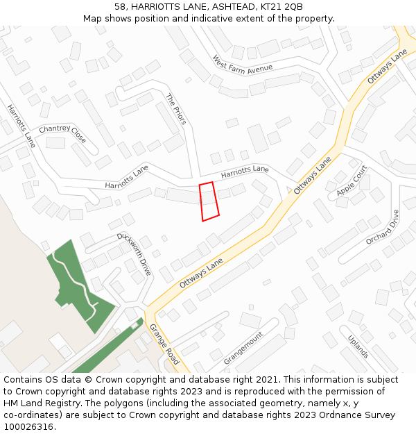 58, HARRIOTTS LANE, ASHTEAD, KT21 2QB: Location map and indicative extent of plot