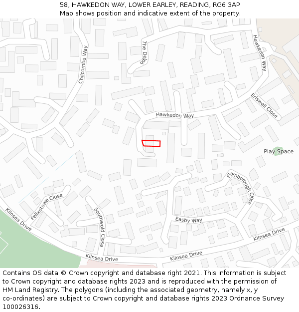 58, HAWKEDON WAY, LOWER EARLEY, READING, RG6 3AP: Location map and indicative extent of plot