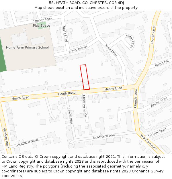 58, HEATH ROAD, COLCHESTER, CO3 4DJ: Location map and indicative extent of plot