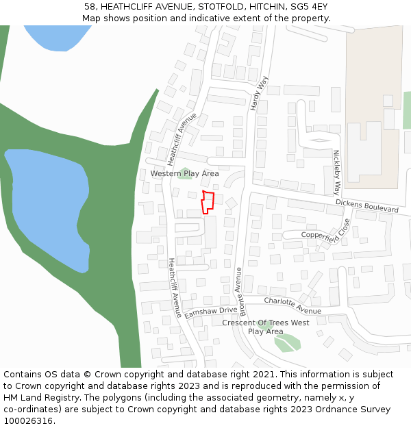 58, HEATHCLIFF AVENUE, STOTFOLD, HITCHIN, SG5 4EY: Location map and indicative extent of plot