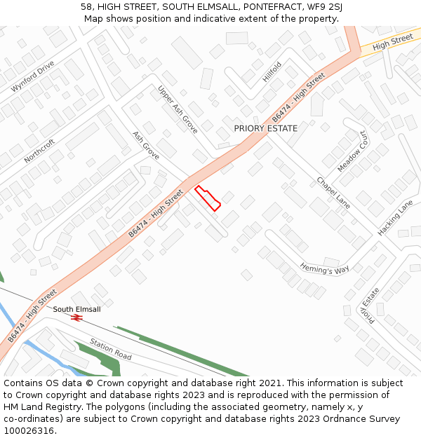 58, HIGH STREET, SOUTH ELMSALL, PONTEFRACT, WF9 2SJ: Location map and indicative extent of plot