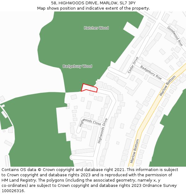 58, HIGHWOODS DRIVE, MARLOW, SL7 3PY: Location map and indicative extent of plot